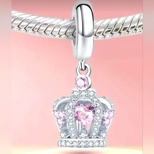 Elegant .925 Silver Plated Crown Charm Pendant with Pink Accents